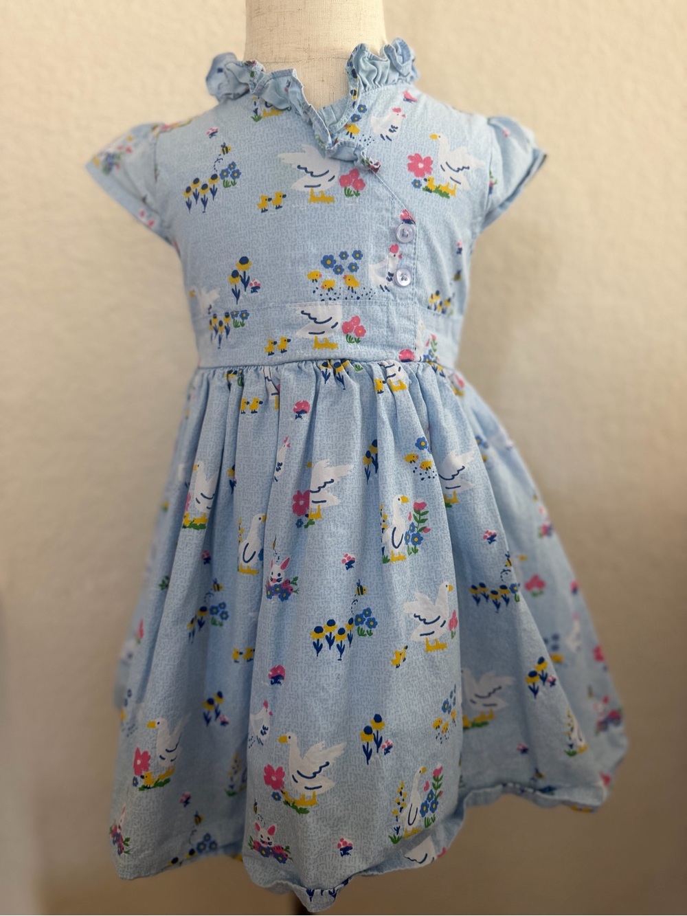 Girls Light Blue Floral & Duck Print Ruffle Dress